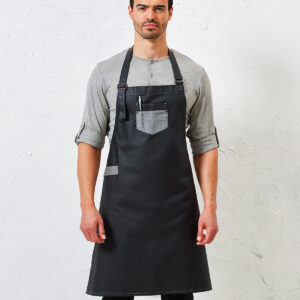 Division waxed-look denim bib apron with faux leather