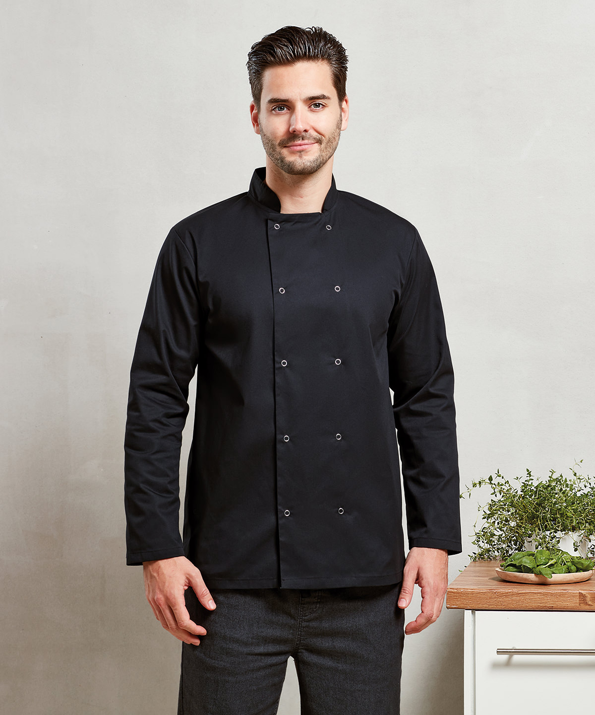 Studded front long sleeve chef's jacket